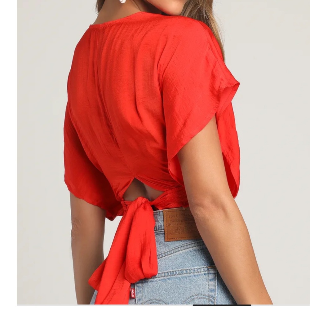 Lulus City Views Red Tie-Back Short Batwing-Sleeve Smocked Top - Picture 2 of 9